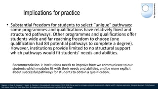 Implications for practice
• Substantial freedom for students to select “unique” pathways:
some programmes and qualifications have relatively fixed and
structured pathways. Other programmes and qualifications offer
students wide and far reaching freedom to choose (one
qualification had 84 potential pathways to complete a degree).
However, institutions provide limited to no structural support
which pathways would fit students’ needs and abilities.
Recommendation 1: Institutions needs to improve how we communicate to our
students which modules fit with their needs and abilities, and be more explicit
about successful pathways for students to obtain a qualification.
Rogaten, J., Clow, D., Edwards, C., Gaved, M., Rienties, B. (Accepted with minor revision: 12-07-2018). Do we need to re-imagine university assessment in a digital world? A big data exploration. Margaret Bearman, Phillip Dawson,
Rola Ajjawi, Joanna Tai, David Boud (Eds). Re-imagining University Assessment in a Digital World. Springer.
 