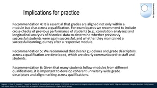 Implications for practice
Recommendation 4: It is essential that grades are aligned not only within a
module but also across a qualification. For exam boards we recommend to include
cross-checks of previous performance of students (e.g., correlation analyses) and
longitudinal analyses of historical data to determine whether previously
successful students were again successful, and whether they maintained a
successful learning journey after a respective module.
Recommendation 5: We recommend that clearer guidelines and grade descriptors
across a qualification are developed, which are clearly communicated to staff and
students.
Recommendation 6: Given that many students follow modules from different
qualifications, it is important to develop coherent university-wide grade
descriptors and align marking across qualifications.
Rogaten, J., Clow, D., Edwards, C., Gaved, M., Rienties, B. (Accepted with minor revision: 12-07-2018). Do we need to re-imagine university assessment in a digital world? A big data exploration. Margaret Bearman, Phillip Dawson,
Rola Ajjawi, Joanna Tai, David Boud (Eds). Re-imagining University Assessment in a Digital World. Springer.
 
