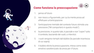 Come funziona la preoccupazione
1. penso al futuro
2. non riesco a figurarmelo, per cui la mente prova ad
effettuare un’anticipazione
3. l’anticipazione mentale del contesto futuro stimola una
previsione (“Mi comporterò in questo modo”).
4. la previsione, in quanto tale, è parziale e non “copre” tutto
il contesto, lasciando dei vuoti, o interstizi.
5. i vuoti vengono riempiti dal dubbio (la parziale incertezza
di cui sopra).
6. il dubbio elicita la preoccupazione, intesa come stato
emotivo caratterizzato da ansia per il futuro.
11
 