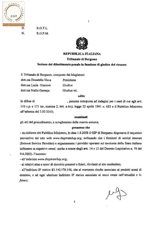 Tribunale del Riesame di Bergamo - provvedimento 2/6.2.2010 - conferma sequestro "thepiratebay.org"