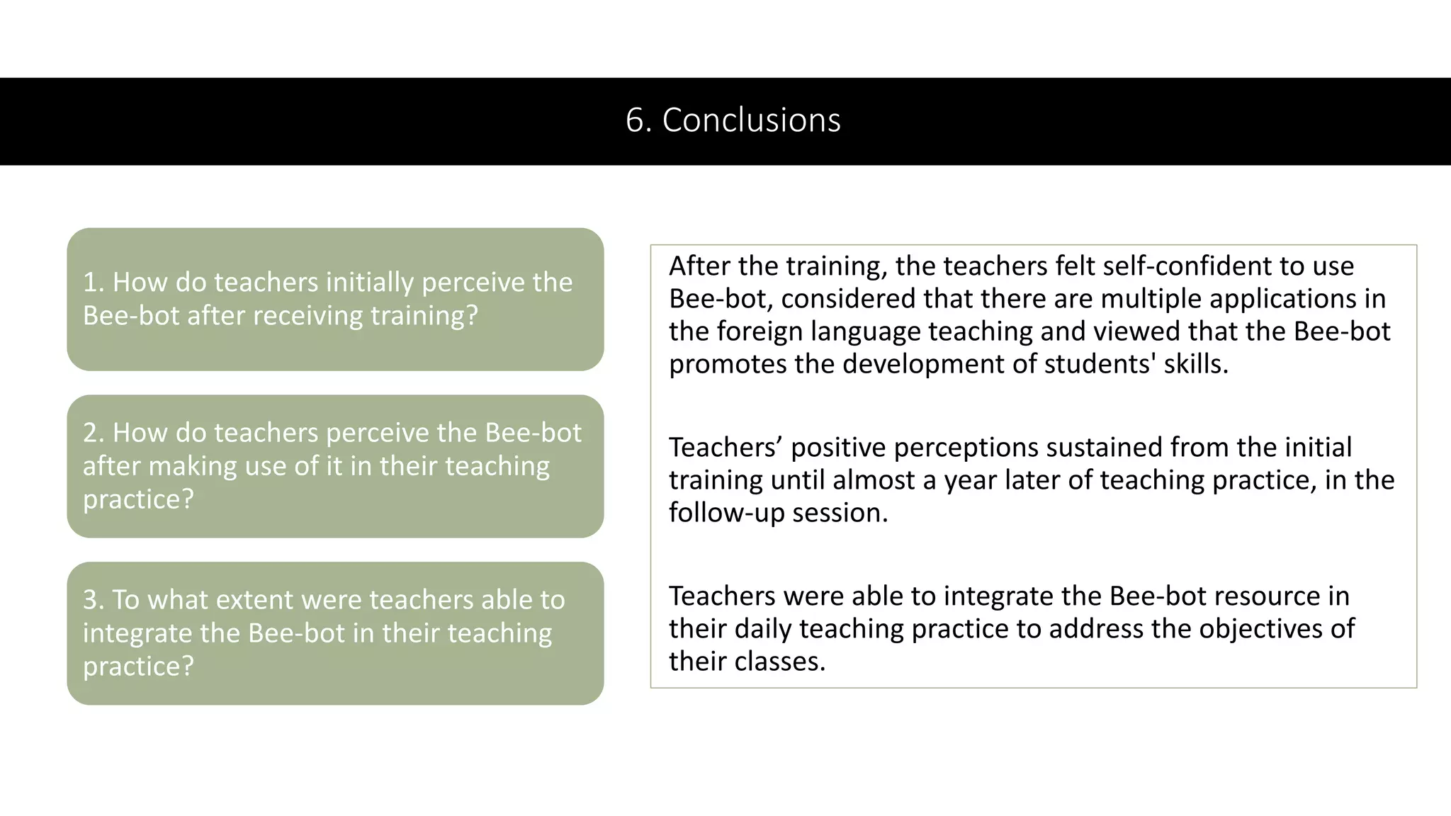 6. Conclusions
After the training, the teachers felt self-confident to use
Bee-bot, considered that there are multiple applications in
the foreign language teaching and viewed that the Bee-bot
promotes the development of students' skills.
Teachers’ positive perceptions sustained from the initial
training until almost a year later of teaching practice, in the
follow-up session.
Teachers were able to integrate the Bee-bot resource in
their daily teaching practice to address the objectives of
their classes.
1. How do teachers initially perceive the
Bee-bot after receiving training?
2. How do teachers perceive the Bee-bot
after making use of it in their teaching
practice?
3. To what extent were teachers able to
integrate the Bee-bot in their teaching
practice?
 
