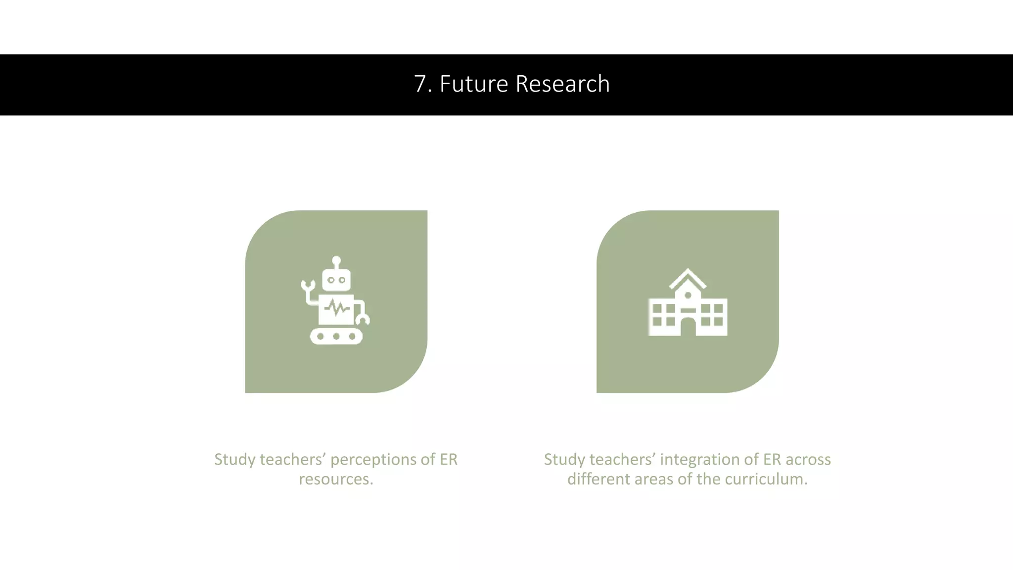 7. Future Research
Study teachers’ perceptions of ER
resources.
Study teachers’ integration of ER across
different areas of the curriculum.
 