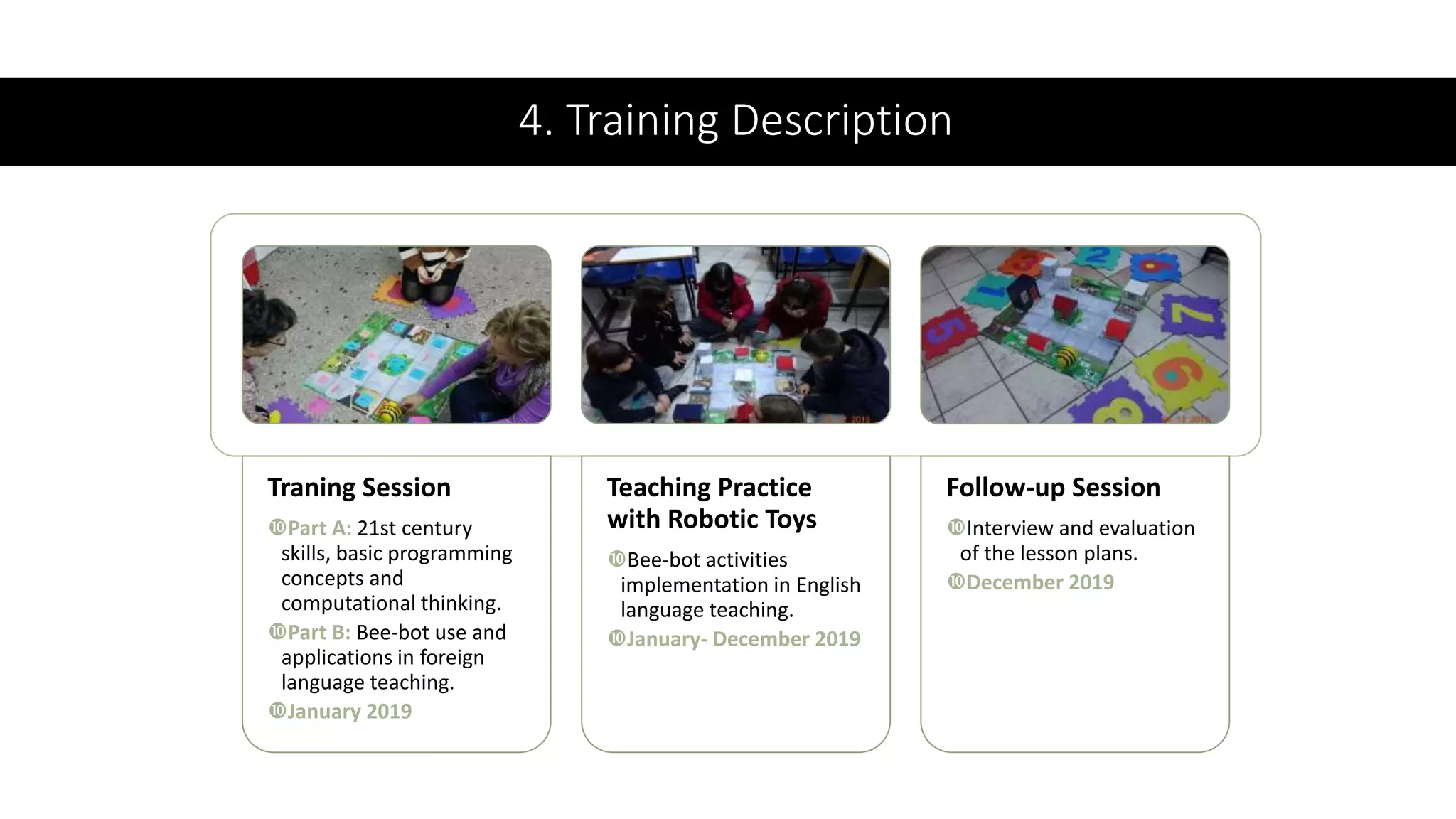 4. Training Description
Traning Session
Part A: 21st century
skills, basic programming
concepts and
computational thinking.
Part B: Bee-bot use and
applications in foreign
language teaching.
January 2019
Teaching Practice
with Robotic Toys
Bee-bot activities
implementation in English
language teaching.
January- December 2019
Follow-up Session
Interview and evaluation
of the lesson plans.
December 2019
 