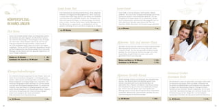 Lomi Lomi Nui                                                      Lever-Lever
                                                                      Eine hawaiianische Ganzkörperbehandlung. Diese pflegende,          Lever heißt so viel wie abheben, leicht werden, Ballast
                                                                      fließende und tiefgehende Massagetechnik, deren Ursprung           abwerfen. Die Lever-Lever Energiepunktmassage spricht das
                                                                      in einem alten Ritual liegt, diente in der Antike zum Aufklären    Lymbische System in verschiedenster Weise an. Um den

     KÖrPersPezIal-
                                                                      und Erleuchten des spirituellen Geistes. Der Therapeut inve-       Energiefluss im Körper wieder frei zu bekommen, werden
                                                                      stiert seine gesamte Energie, um Verspannungen und Block-          durch entspannende, stimulierende Massagegriffe und mit
                                                                      aden zu lösen. Oberstes Gebot dieser sanften Massage ist es,       Hilfe pflanzlicher Basisöle sowie ätherischer Ölen mit
     BehanDlUnGen                                                     den Menschen zu regenerieren, zu revitalisieren und ihn
                                                                      wieder in Einklang mit sich und seiner Umgebung zu bringen.
                                                                                                                                         speziellen Düften Blockaden und Verspannungen gelockert.

                                                                                                                                         ca. xx Minuten                                      € xx,–
                                                                       ca. 80 Minuten                                    € 120,–
     Hot Stone
      Schon seit Urzeiten werden Steine als Kultsymbole verehrt:
      die Obelisken des alten Ägypten, die Monolithen Galliens,
      das keltische Stonehenge in Südostengland oder die Köpfe
      der Osterinseln. Steine besitzen ebenso wie die Pole der
      Erde geo-magnetische Eigenschaften. Jahrtausende in                                                                               Alpienne: Salz auf meiner Haut
      der Erde eingebettet haben diese sich positiv und negativ
                                                                                                                                         Genießen Sie das Salz des Lebens mit einem entspannenden
      aufgeladen. Die bis auf 50°C erwärmten Basaltsteine werden
                                                                                                                                         Natursalzpeeling kombiniert mit Honig-Zirbe oder Johan-
      auf die Energiezentren des Körpers gelegt. Durch die sanfte
                                                                                                                                         niskraut & Biopir. Die Hut wird gereinigt und geschmeidig
      Massage mit den Steinen wird der gesamte Organismus mit
                                                                                                                                         gepflegt. Die anschließende Salzsteinmassage mit echten
      neuer Energie aufgeladen.
                                                                                                                                         Salzkristallen bringt Prickeln ins Leben und macht
                                                                                                                                         ganzheitlich frisch und Lebendig!
      Rücken ca. 25 Minuten                             € 38,–
      Ganzkörper inkl. Gesicht ca. 90 Minuten           € 108,–                                                                          Rücken und Beine ca. 50 Minuten                    € 105,–
                                                                                                                                         Ganzkörper ca. 80 Minuten                          € 135,–




     Klangschalentherapie                                                                                                                                                                              Gertraud Gruber
      Ein indisches Entspannungsritual bei dem Körper, Geist und                                                                        Alpienne Zeolith Riutal                                        Ayurasan Body
      Seele mit verschiedenen Klangarten in Einklang gebracht
      werden. Dabei werden die Klangschalen auf den bekleideten                                                                          Zeolith beseitigt, bremst und verhindert den Hautalterungs-
      Körper aufgesetzt und angeschlagen bzw. angerieben. Der                                                                            prozess. Das Mineral fördert die Aktivität anderer Stub-       Die altindische Lehre vom gesunden und langen Leben steht
      Schall der klingenden Schale überträgt sich auf den Körper                                                                         stanzen und wirkt sofort durch die Kombination mit             für Harmonie von Körper, Geist und Seele. Entdecken Sie
      und wird dort als Vibration wahrgenommen. Es entsteht der                                                                          nährenden Ölen, Pflanzen und Wasser. Das Ritual umfasst        die Quelle von Wohlbeﬁnden und Schönheit nach Ayurveda.
      Eindruck, dass der Körper in Schwingung gerät und man                                                                              eine Körperwaschung mit einem anschließenden Schaum-           Zu Beginn der Behandlung erfolgt ein Peeling mit einem
      selbst Teil des Klanges ist. Ein Muskel kann dieser Frequenz                                                                       bad. Danach wird der Körper durch eine Zeolith-Pad             Handschuh aus Rohseide. Danach entspannen Sie bei einer
      nicht durch Anspannung oder Verkrampfung entgegen-                                                                                 Massage optimal auf die darauf folgende Biopir Körperlotion    „Ayurveda“ Ganzkörpermassage nach Gertraud Gruber. Eine
      wirken und entspannt sich somit automatisch.                                                                                       vorbereitet. Während die Lotion einzieht, genießen Sie eine    Einbalsamierung mit den pflegenden und feuchtigkeits-
      Bitte erscheinen Sie in Sportbekleidung.                                                                                           Gesichtsreinigung mit Gesichtsmassage.                         spendenden Produkten des Ayurasans bildet den Abschluss.

      ca. 50 Minuten                                     € 68,–                                                                          ca. 80 Minuten                                   € 145,–       ca. 80 Minuten                                 € 110,–



18                                                                                                                                                                                                                                                                  19
 