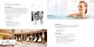 Die Rieser Wohlfühlwelt
     Sauna Refugium
     Die Sauna hat eine vielfältige und tiefgreifende Wirkung auf die meisten
     Funktionen des menschlichen Körpers. Regelmäßiger Saunabesuch steigert die
     körperlichen Abwehrkräfte und hilft bei leichten Erkrankungen der Atemwege,
     wie Erkältungen, Husten oder Schnupfen, Durchblutungsstörungen, zu hohem
     oder zu niedrigem Blutdruck, sowie bei muskulär bedingten Wirbelsäulen-
     beschwerden. Der Saunenbereich ist textilfreie Zone. Kindern unter 16 Jahren
     ist der Zutritt zum Saunenbereich nur in Begeleitung der Eltern gestattet.

     -   Finnische Sauna 85–95°C, Luftfeuchtigkeit 10–20%
     -   Tecaldarium ca. 40°C
     -   Dampfbad 45–50°C, Luftfeuchtigkeit 80-95%
     -   Aromagrotte 40–45°C
     -   Tauchbecken ca. 18°C
     -   Infrarotkabine 35–50°C

     NEU seit Sommer 2012:
     -  Tecaldarium, Strahlungswärme 40–50°C
     -  Biosauna 60–70°C, ca. 40% Luftfeuchtigkeit
     -  Dampfbad ca. 45°C, 100% Luftfeuchtigkeit                                    Wasser & mehr
     -  Zirbenblocksauna ca. 80–90°C                                                Genießen Sie eine der größten Wasserschwimmflächen Tirols mit traumhafter
     -  Soledampfbad ca. 45°C, 100% Luftfeuchtigkeit                                Aussicht auf das Karwendelgebirge. Es erwartet Sie ein 100 m² großes Hallenbad,
                                                                                    ein ganzjährig geöffnetes Freibecken sowie ein herrlicher Bio Badeteich.
                                                                                    Für entspannenden Wasserspaß.

                                                                                    -   Innenpool 100 m² | 29° C
                                                                                    -   Außenpool 60 m² | 29° C
                                                                                    -   Naturbadeteich ca. 1.000 m²

                                                                                    Fitness & Sport
                                                                                    Das aktive Rundum-Programm für Ihren sportlich-vitalen Urlaub!

                                                                                    -   Geführte Wanderungen, Wanderinfothek, Nordic Walking Touren,
                                                                                        kostenloser Verleih von Tourenrucksäcken und Wanderstöcken
                                                                                    -   Fitness Center mit den modernsten Geräten
                                                                                    -   Personal Training (gegen Bezahlung)
                                                                                    -   Bewegungs- und Entspannungsprogramm, Tiefenentspannung nach
                                                                                        Jacobson, Tai-Chi, Yoga sowie Wasser- und Morgengymnastik
                                                                                    -   Golf (gegen Bezahlung mit 20 % Greenfee-Ermäßigung)
                                                                                    -   Tennis Freiplätze
                                                                                    -   Überdachte Tennisplätze (gegen Bezahlung)


32                                                                                                                                                                    33
 