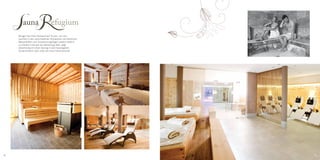 Bringen Sie Ihren Kreislauf auf Touren, um sich
    nachher in den verschiedenen Ruhezonen mit herrlichen
    Wasserbetten und Entspannungsliegen wieder köstlich
    zu erholen! Und wer die Abkühlung liebt, wagt
    zwischendurch einen Sprung in den hauseigenen
    Schwimmteich oder unter die neue Felsendusche!




8                                                           9
 