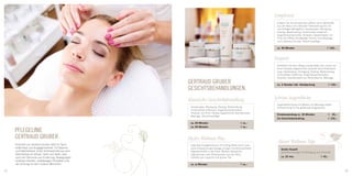 Symphonie
                                                                                                                   Erleben Sie die Komposition aktiver reiner Wirkstoffe
                                                                                                                   aus der Natur mit intensiver Tiefenwirkung für ein
                                                                                                                   nachhaltiges Wohlgefühl. Hautanalyse, Reinigung,
                                                                                                                   Peeling, Bedampfung, Unreinheiten entfernen,
                                                                                                                   Augenbrauenkorrektur, Ampulle, Spezialmaske mit
                                                                                                                   Push-Up-Effekt, einzigartige Tension-Line-Massage
                                                                                                                   nach Gertraud Gruber, Abschlusspflege.

                                                                                                                   ca. 90 Minuten                                € 102,–



                                                                                                                  Exquisit
                                                                                                                   Entfliehen Sie dem Alltag und genießen Sie unsere auf
                                                                                                                   Ihren Hauttyp abgestimmte spezielle Gesichtsbehand-
                                                                                                                   lung. Hautanalyse, Reinigung, Peeling, Bedampfung,
                                                                                                                   Unreinheiten entfernen, Augenbrauenkorrektur,
                                                                                                                   Ampulle, Spezialmaske aus Bienenwachs, Massage.

                                                       GertraUD GrUBer                                             ca. 2 Stunden inkl. Handpackung                € 120,–
                                                       GesIchtsBehanDlUnGen.
                                                       Klassische Gesichtsbehandlung                              Schöne Augenblicke
                                                                                                                   Augenbehandlung mit Maske und Massage bieten
                                                        Hautanalyse, Reinigung, Peeling, Bedampfung,               Entspannung für die gestresste Augenpartie.
                                                        Unreinheiten entfernen, Augenbrauenkorrektur,
                                                        Ampulle, auf Ihren Hautyp abgestimmte Spezialmaske,
                                                                                                                   Einzelanwendung ca. 30 Minuten                 € 35,–
                                                        Massage, Abschlusspflege.
                                                                                                                   Zur Gesichtsbehandlung                         € 102,–
                                                        ca. 60 Minuten                               € xx,–
                                                        ca. 90 Minuten                               € xx,–
     PfleGelInIe
     GertraUD GrUBer.                                  Hydro Wellness Plus
     Kosmetik von Gertraud Gruber steht für Ganz-
                                                                                                                    Rieser Wellness Tipp
                                                        Optimale Feutigkeitzufuhr mit Lifting-Effekt durch eine
     heitlichkeit und Ausgeglichenheit. Für Balance     zarte Entspannungsmassage dringen hochkonzentrierte           Gruber Auszeit
     und Natürlichkeit. Echte Schönheit lebt aus dem    Algenwirkstoffe in die Haut. Weitere pflanzliche              Gesichtsmassage mit Reinigung und Ampulle
     Gleichklang von Körper. Geist und Seele, aber      Ingredienzen sind Phytosqualan aus der Olive,
     auch der Harmonie aus Ernährung, Bewegungen,       Extrakte aus Lapacho und grüner Tee.                          ca. 25 min.                          € 40,–
     positivem Denken, erstklassigen Produkten und
     der Achtung vor dem inneren Menschen.              ca. xx Minuten                               € xx,–

12                                                                                                                                                                          13
 