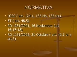 NORMATIVA LGSS ( art. 124.1, 135 bis, 135 ter) ET ( art. 48.5) RD 1251/2001, 16 Noviembre (art 16-17-18) RD 1131/2002, 31 Octubre ( art. 41.1 bi y art.5) 