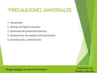 *PRECAUCIONES UNIVERSALES
1- Vacunación
2. Normas de higiene personal
3. Elementos de protección/barrera
4. Manipulación de equipos corto-punzantes
5. Esterilización y desinfección
Riesgo biológico en Atención Primaria
Prevención de
Riesgos Laborales
 