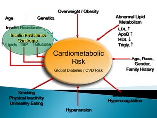 Abnormal Lipid
Metabolism
LDL
ApoB
HDL
Trigly.
Cardiometabolic
Risk
Global Diabetes / CVD Risk
Overweight / Obesity
Inflammation
Hypercoagulation
Hypertension
Smoking
Physical Inactivity
Unhealthy Eating
Age, Race,
Gender,
Family History
GlucoseBPLipids
Age Genetics
Insulin Resistance
?Insulin Resistance
Syndrome
 
