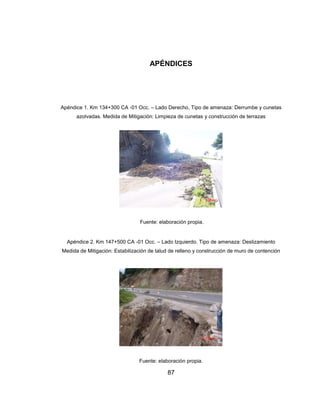87
APÉNDICES
Apéndice 1. Km 134+300 CA -01 Occ. – Lado Derecho, Tipo de amenaza: Derrumbe y cunetas
azolvadas. Medida de Mitigación: Limpieza de cunetas y construcción de terrazas
Fuente: elaboración propia.
Apéndice 2. Km 147+500 CA -01 Occ. – Lado Izquierdo. Tipo de amenaza: Deslizamiento
Medida de Mitigación: Estabilización de talud de relleno y construcción de muro de contención
Fuente: elaboración propia.
 