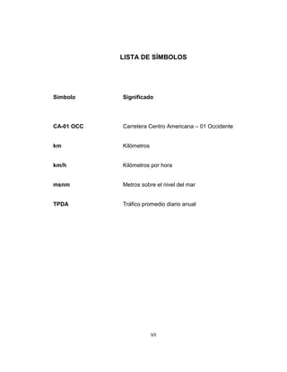 VII
LISTA DE SÍMBOLOS
Símbolo Significado
CA-01 OCC Carretera Centro Americana – 01 Occidente
km Kilómetros
km/h Kilómetros por hora
msnm Metros sobre el nivel del mar
TPDA Tráfico promedio diario anual
 