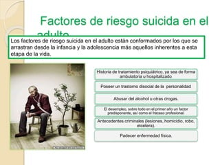Factores de riesgo suicida en el
adultoLos factores de riesgo suicida en el adulto están conformados por los que se
arrastran desde la infancia y la adolescencia más aquellos inherentes a esta
etapa de la vida.
Historia de tratamiento psiquiátrico, ya sea de forma
ambulatoria u hospitalizado.
Poseer un trastorno disocial de la personalidad.
Abusar del alcohol u otras drogas.
El desempleo, sobre todo en el primer año un factor
predisponente, así como el fracaso profesional.
Antecedentes criminales (lesiones, homicidio, robo,
etcétera).
Padecer enfermedad física.
 