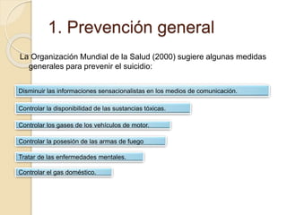1. Prevención general
La Organización Mundial de la Salud (2000) sugiere algunas medidas
generales para prevenir el suicidio:
Tratar de las enfermedades mentales.
Controlar la disponibilidad de las sustancias tóxicas.
Controlar los gases de los vehículos de motor.
Controlar el gas doméstico.
Controlar la posesión de las armas de fuego
Disminuir las informaciones sensacionalistas en los medios de comunicación.
 