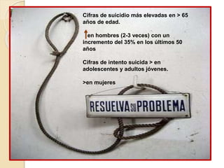Cifras de suicidio más elevadas en > 65
años de edad.
en hombres (2-3 veces) con un
incremento del 35% en los últimos 50
años
Cifras de intento suicida > en
adolescentes y adultos jóvenes.
>en mujeres
 