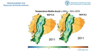 PROYECCIONES TCN
Reducción de Escala dinámica
Temperatura Media Anual a 10Km – 2011-2070
RCP 4.5 RCP 8.5
Fuente: MAE, 2016
 
