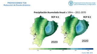 PROYECCIONES TCN
Reducción de Escala dinámica
Precipitación Acumulada Anual a 10Km – 2011-2070
RCP 4.5 RCP 8.5
Fuente: MAE, 2016
 