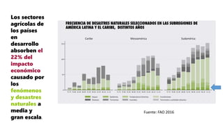 Los sectores
agrícolas de
los países
en
desarrollo
absorben el
22% del
impacto
económico
causado por
los
fenómenos
y desastres
naturales a
media y
gran escala.
Fuente: FAO 2016
 