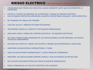 RIESGO ELECTRICO                     PREVENCION DE RIESGOS ELECTRICOS

•   CONSIDERAR QUE TODOS LOS CIRCUITOS LLEVAN CORRIENTE HASTA QUE SE DEMUESTRE LO
    CONTRARIO

•   EVITAR EL ACCESO DE PERSONAL NO AUTORIZADO A ZONAS DE TABLERO ELÉCTRICO
•   USO DE EQUIPO PROTECTOR APROPIADO (GUANTES, PROTECTORES VISUALES Y ROPA ESPECIFICA)

•   NO TRABAJAR EN LÍNEAS CON TENSIÓN

•   COLOCAR VALLAS Y SEÑALES EN ZONAS PELIGROSAS

•   PROTEGERSE CONTRA EL CONTACTO CON EQUIPOS ENERGIZADOS

•   ADECUADO TOMA A TIERRA DEL SISTEMA ELÉCTRICO Y DE EQUIPOS ELÉCTRICOS

•   NO DEJAR CONDUCTORES DESNUDOS EN LAS INSTALACIONES. EVITAR EMPALMES. DE EXISTIR
    AISLARLOS DEBIDAMENTE

•   NO DEJAR EN CONTACTO CABLES CON ACEITES O GRASES QUE DETERIOREN SU AISLACIÓN

•   MANTENER EN BUEN ESTADO INTERRUPTORES Y TOMAS

•   USOS DE DISYUNTORES DIFERENCIALES Y LLAVES TÉRMICAS COMBINADAS

•   MANTENER LAS INSTALACIONES SIEMPRE LIMPIAS Y CON SUS MEDIOS DE PROTECCIÓN

•   NO UTILIZAR ESCALERAS METÁLICAS CERCA DE EQUIPOS ENERGIZADOS

•   NUNCA TRABAJAR EN UN CIRCUITO ELÉCTRICO SIN AYUDANTE
 