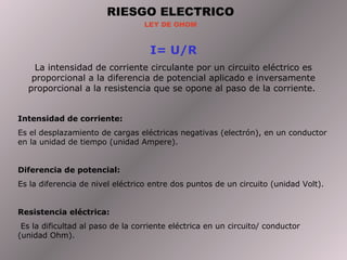 RIESGO ELECTRICO
                                  LEY DE OHOM



                                    I= U/R
    La intensidad de corriente circulante por un circuito eléctrico es
   proporcional a la diferencia de potencial aplicado e inversamente
  proporcional a la resistencia que se opone al paso de la corriente.


Intensidad de corriente:
Es el desplazamiento de cargas eléctricas negativas (electrón), en un conductor
en la unidad de tiempo (unidad Ampere).


Diferencia de potencial:
Es la diferencia de nivel eléctrico entre dos puntos de un circuito (unidad Volt).


Resistencia eléctrica:
 Es la dificultad al paso de la corriente eléctrica en un circuito/ conductor
(unidad Ohm).
 