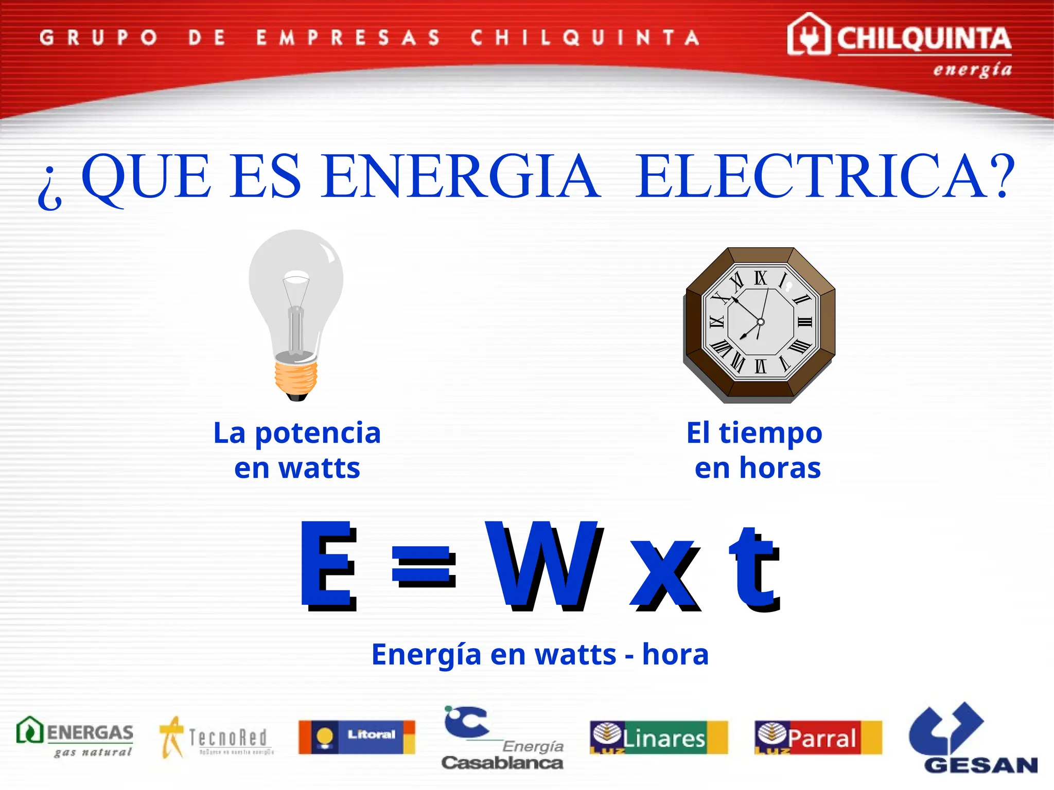 El tiempo
en horas
La potencia
en watts
Energía en watts - hora
E = W x t
E = W x t
¿ QUE ES ENERGIA ELECTRICA?
 