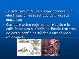    La separación de cargas que conduce a la
    electrización es resultado de procesos
    mecánicos:
   Contacto entre objetos, la fricción o la
    colisión de dos superficies. Puede tratarse
    de dos superficies sólidas o una sólida y
    otra líquida.
 