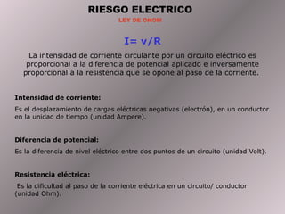 RIESGO ELECTRICO LEY DE OHOM I= v/R La intensidad de corriente circulante por un circuito eléctrico es proporcional a la diferencia de potencial aplicado e inversamente proporcional a la resistencia que se opone al paso de la corriente.  Intensidad de corriente: Es el desplazamiento de cargas eléctricas negativas (electrón), en un conductor en la unidad de tiempo (unidad Ampere). Diferencia de potencial: Es la diferencia de nivel eléctrico entre dos puntos de un circuito (unidad Volt). Resistencia eléctrica: Es la dificultad al paso de la corriente eléctrica en un circuito/ conductor (unidad Ohm). 