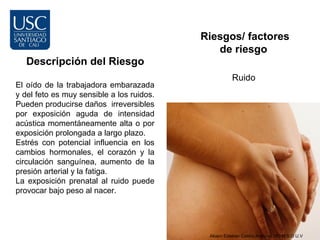 Riesgos/ factores
                                              de riesgo
   Descripción del Riesgo
                                                      Ruido
El oído de la trabajadora embarazada
y del feto es muy sensible a los ruidos.
Pueden producirse daños irreversibles
por exposición aguda de intensidad
acústica momentáneamente alta o por
exposición prolongada a largo plazo.
Estrés con potencial influencia en los
cambios hormonales, el corazón y la
circulación sanguínea, aumento de la
presión arterial y la fatiga.
La exposición prenatal al ruido puede
provocar bajo peso al nacer.




                                            Alvaro Esteban Castro Aranda - MD M.S.O U.V
 