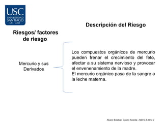 Descripción del Riesgo
Riesgos/ factores
   de riesgo

                    Los compuestos orgánicos de mercurio
                    pueden frenar el crecimiento del feto,
  Mercurio y sus    afectar a su sistema nervioso y provocar
   Derivados        el envenenamiento de la madre.
                    El mercurio orgánico pasa de la sangre a
                    la leche materna.




                                    Alvaro Esteban Castro Aranda - MD M.S.O U.V
 