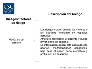 Descripción del Riesgo
Riesgos/ factores
   de riesgo

                    Los riesgos surgen cuando los motores o
                    los aparatos funcionan en espacios
                    cerrados.
 Monóxido de        Atraviesa fácilmente la placenta y puede
  carbono           privar al feto de oxígeno.
                    La intoxicación aguda está asociada con
                    abortos, malformaciones congénitas,
                    bajo peso al nacer, parto prematuro y
                    problemas de desarrollo.




                                    Alvaro Esteban Castro Aranda - MD M.S.O U.V
 