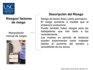 Descripción del Riesgo
Riesgos/ factores   Riesgo de lesión fetal y parto prematuro.
   de riesgo        El riesgo aumenta a medida que el
                    embarazo evoluciona.
                    Puede también haber riesgos para las
                    trabajadoras que han dado a luz
 Manipulación
                    recientemente.
manual de cargas
                    Las madres en periodo de lactancia
                    pueden experimentar cierto malestar
                    debido al aumento del tamaño y
                    sensibilidad de los senos.




                                     Alvaro Esteban Castro Aranda - MD M.S.O U.V
 