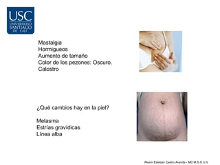 Mastalgia
Hormigueos
Aumento de tamaño
Color de los pezones: Oscuro.
Calostro




¿Qué cambios hay en la piel?

Melasma
Estrías gravídicas
Línea alba



                                Alvaro Esteban Castro Aranda - MD M.S.O U.V
 