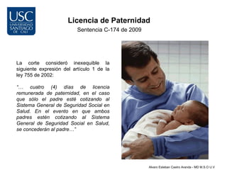 Licencia de Paternidad
                          Sentencia C-174 de 2009




La corte consideró inexequible la
siguiente expresión del artículo 1 de la
ley 755 de 2002:

“… cuatro (4) días de licencia
remunerada de paternidad, en el caso
que sólo el padre esté cotizando al
Sistema General de Seguridad Social en
Salud. En el evento en que ambos
padres estén cotizando al Sistema
General de Seguridad Social en Salud,
se concederán al padre…”




                                                    Alvaro Esteban Castro Aranda - MD M.S.O U.V
 