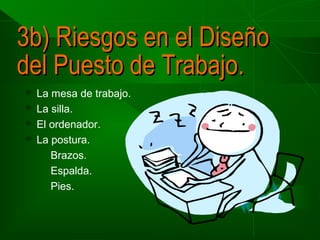 3b) Riesgos en el Diseño
del Puesto de Trabajo.





La mesa de trabajo.
La silla.
El ordenador.
La postura.
Brazos.
Espalda.
Pies.

 