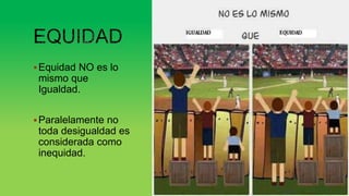 Equidad NO es lo
mismo que
Igualdad.
Paralelamente no
toda desigualdad es
considerada como
inequidad.
 
