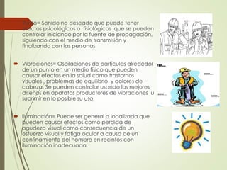  Ruido= Sonido no deseado que puede tener
efectos psicológicos o fisiológicos que se pueden
controlar iniciando por la fuente de propagación,
siguiendo con el medio de transmisión y
finalizando con las personas.
 Vibraciones= Oscilaciones de partículas alrededor
de un punto en un medio físico que pueden
causar efectos en la salud como trastornos
visuales , problemas de equilibrio y dolores de
cabeza. Se pueden controlar usando los mejores
diseños en aparatos productores de vibraciones u
suprimir en lo posible su uso.
 Iluminación= Puede ser general o localizada que
pueden causar efectos como perdida de
agudeza visual como consecuencia de un
esfuerzo visual y fatiga ocular a causa de un
confinamiento del hombre en recintos con
iluminación inadecuada.
 
