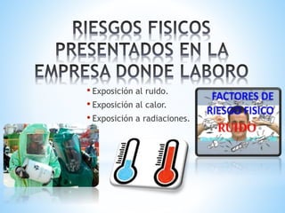 • Exposición al ruido.
• Exposición al calor.
• Exposición a radiaciones.
 