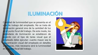 Cantidad de luminosidad que se presenta en el
sitio de trabajo del empleado. No se trata de
iluminación general sino de la cantidad de luz
en el punto focal del trabajo. De este modo, los
estándares de iluminación se establecen de
acuerdo con el tipo de tarea visual que el
empleado debe ejecutar: cuanto mayor sea la
concentración visual del empleado en detalles
y minucias, más necesaria será la luminosidad
en el punto focal del trabajo.
 