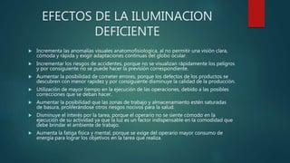 EFECTOS DE LA ILUMINACION
DEFICIENTE
 Incrementa las anomalías visuales anatomofisiologica, al no permitir una visión clara,
cómoda y rápida y exigir adaptaciones continuas del globo ocular.
 Incrementar los riesgos de accidentes, porque no se visualizan rápidamente los peligros
y por consiguiente no se puede hacer la previsión correspondiente.
 Aumentar la posibilidad de cometer errores, porque los defectos de los productos se
descubren con menor rapidez y por consiguiente disminuye la calidad de la producción.
 Utilización de mayor tiempo en la ejecución de las operaciones, debido a las posibles
correcciones que se deban hacer.
 Aumentar la posibilidad que las zonas de trabajo y almacenamiento estén saturadas
de basura, proliferándose otros riesgos nocivos para la salud.
 Disminuye el interés por la tarea, porque el operario no se siente cómodo en la
ejecución de su actividad ya que la luz es un factor indispensable en la comodidad que
debe brindar el ambiente de trabajo.
 Aumenta la fatiga física y mental, porque se exige del operario mayor consumo de
energía para lograr los objetivos en la tarea que realiza.
 