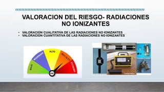VALORACION DEL RIESGO- RADIACIONES
NO IONIZANTES
• VALORACION CUALITATIVA DE LAS RADIACIONES NO IONIZANTES
• VALORACION CUANTITATIVA DE LAS RADIACIONES NO IONIZANTES
 