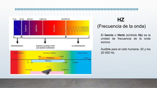 HZ
(Frecuencia de la onda)
El hercio o Hertz (símbolo Hz) es la
unidad de frecuencia de la onda
sonora.
Audible para el oído humana: 20 y los
20 000 Hz.
 