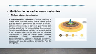 • Medidas de las radiaciones ionizantes
• Medidas básicas de protección
2. Contaminación radiactiva: En este caso hay o
puede haber contacto directo con la fuente, por lo
que las medidas preventivas se orientan a evitarlo.
Como norma general, el personal que trabaja con
fuentes radiactivas no encapsuladas debe conocer
de antemano el plan de trabajo, los procedimientos
y las personas que van ha efectuar las distintas
operaciones. El plan de trabajo debe contener
información sobre: Procedimientos de
descontaminación, Gestión de residuos radiactivos,
actuación en caso de accidente o incidente, Plan de
emergencia.
 