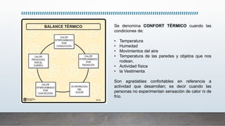 Se denomina CONFORT TÉRMICO cuando las
condiciones de:
• Temperatura
• Humedad
• Movimientos del aire
• Temperatura de las paredes y objetos que nos
rodean,
• Actividad física
• la Vestimenta
Son agradables confortables en referencia a
actividad que desarrollan; es decir cuando las
personas no experimentan sensación de calor ni de
frío.
 