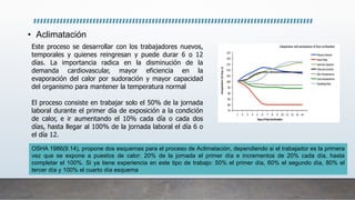 • Aclimatación
Este proceso se desarrollar con los trabajadores nuevos,
temporales y quienes reingresan y puede durar 6 o 12
días. La importancia radica en la disminución de la
demanda cardiovascular, mayor eficiencia en la
evaporación del calor por sudoración y mayor capacidad
del organismo para mantener la temperatura normal
El proceso consiste en trabajar solo el 50% de la jornada
laboral durante el primer día de exposición a la condición
de calor, e ir aumentando el 10% cada día o cada dos
días, hasta llegar al 100% de la jornada laboral el día 6 o
el día 12.
OSHA 1986(9.14), propone dos esquemas para el proceso de Aclimatación, dependiendo si el trabajador es la primera
vez que se expone a puestos de calor: 20% de la jornada el primer día e incrementos de 20% cada día, hasta
completar el 100%. Si ya tiene experiencia en este tipo de trabajo: 50% el primer día, 60% el segundo día, 80% el
tercer día y 100% el cuarto día esquema
 