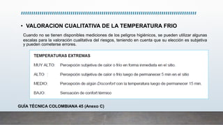• VALORACION CUALITATIVA DE LA TEMPERATURA FRIO
Cuando no se tienen disponibles mediciones de los peligros higiénicos, se pueden utilizar algunas
escalas para la valoración cualitativa del riesgos, teniendo en cuenta que su elección es subjetiva
y pueden cometerse errores.
GUÍA TÉCNICA COLOMBIANA 45 (Anexo C)
 