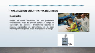 Dosímetro
Integra de forma automática los dos parámetros
considerados: nivel de presión sonora y tiempo de
exposición. Se obtiene directamente lecturas de
riesgos, expresadas en porcentajes, de la dosis
máxima permitida para 8 horas de exposición al riesgo
• VALORACION CUANTITATIVA DEL RUIDO
 