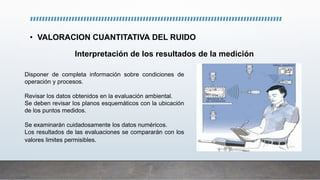 Disponer de completa información sobre condiciones de
operación y procesos.
Revisar los datos obtenidos en la evaluación ambiental.
Se deben revisar los planos esquemáticos con la ubicación
de los puntos medidos.
Se examinarán cuidadosamente los datos numéricos.
Los resultados de las evaluaciones se compararán con los
valores limites permisibles.
Interpretación de los resultados de la medición
• VALORACION CUANTITATIVA DEL RUIDO
 