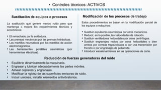 • Controles técnicos: ACTIVOS
Sustitución de equipos o procesos
La sustitución que genere menos ruido pero que
mantenga o mejore los requerimientos técnicos y
económicos:
• El remachado por la soldadura.
• Las prensas mecánicas por las prensas hidráulicas.
• Los martillos neumáticos por los martillos de acción
electromagnética.
• Las herramientas portátiles neumáticas (por
herramientas eléctricas).
Modificación de los procesos de trabajo
Estos procedimientos se basan en la modificación parcial de
los equipos o máquinas:
• Sustituir expulsores neumáticos por otros mecánicos.
• Reducir, en lo posible, las velocidades de rotación.
• Sustituir ventiladores helicoidales por otros centrífugos.
• Sustituir engranajes rectos por otros helicoidales o bien
ambos por correas trapezoidales o por una transmisión por
fricción o por engranajes de poliamida.
• Introducir escalonamientos en las operaciones de corte.
Reducción de fuerzas generadoras del ruido
• Equilibrar dinámicamente la maquinaria.
• Engrasar y lubricar adecuadamente las partes móviles.
• Alinear cojinetes y engranajes.
• Modificar la rigidez de las superficies emisoras de ruido.
• Incluir uniones, instalar elementos antivibratorios.
 