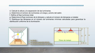d. Calcule la altura y la separación de las luminarias.
e. Determine el número de luminarias a lo largo y ancho del salón.
f. Defina el flujo luminoso total.
g. Determine el flujo luminoso de la lámpara y calcule el número de lámparas a instalar.
h. Distribuya las lámparas en el número de luminarias mínimas calculadas para garantizar la
distribución uniforme de la iluminación.
 