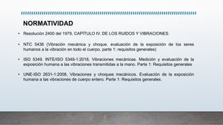 NORMATIVIDAD
• Resolución 2400 del 1979, CAPÍTULO IV. DE LOS RUIDOS Y VIBRACIONES.
• NTC 5436 (Vibración mecánica y choque. evaluación de la exposición de los seres
humanos a la vibración en todo el cuerpo. parte 1: requisitos generales)
• ISO 5349. INTE/ISO 5349-1:2018, Vibraciones mecánicas. Medición y evaluación de la
exposición humana a las vibraciones transmitidas a la mano. Parte 1: Requisitos generales
• UNE-ISO 2631-1:2008, Vibraciones y choques mecánicos. Evaluación de la exposición
humana a las vibraciones de cuerpo entero. Parte 1: Requisitos generales.
 